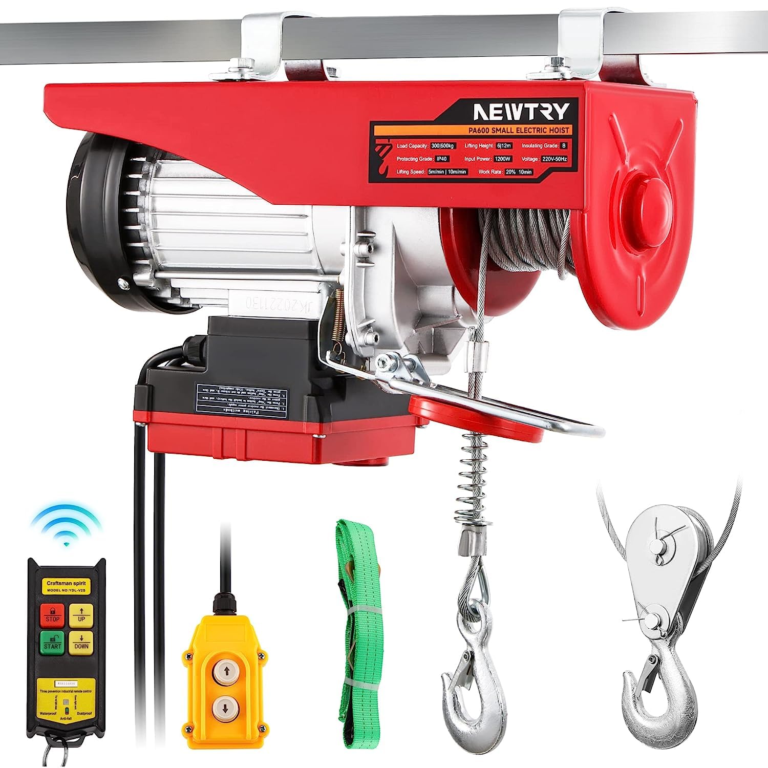 NEWTRY paranco elettrico 300kg/600kg, wireless 100m, controllo a filo 2m, argano elettrico 12m/6m altezza di sollevamento, argano elettrico di piccole dimensioni per casa garage magazzino 1200W