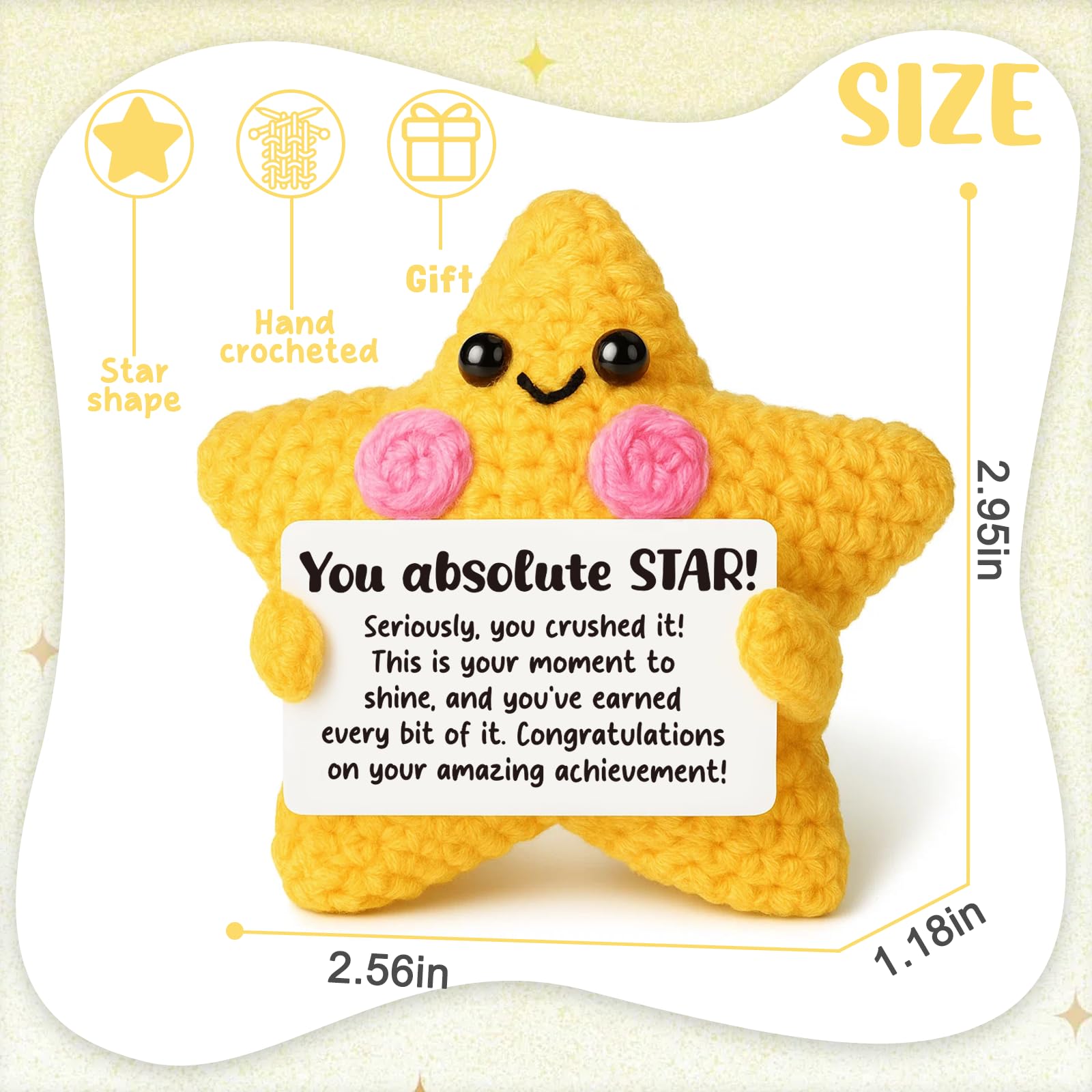 AVALYNNE Crochet Star Congratulations Gift - New Job & Promotion Gift for Coworker, Proud of You Achievement Keepsake for Student Graduation, Desk Buddy Decor, Christmas Stocking Stuffer