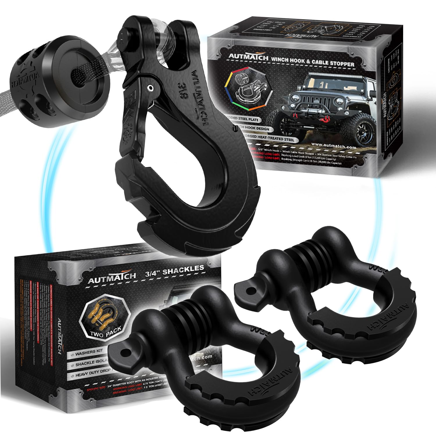 AUTMATCH 3/8" Winch Hook with Winch Cable Hook Stopper, 3/4" D Ring Shackles - Grade 70 Forged Steel Clevis Slip Hook Work for Winch Rope, ATV, UTV, Off Road Vehicle, Black