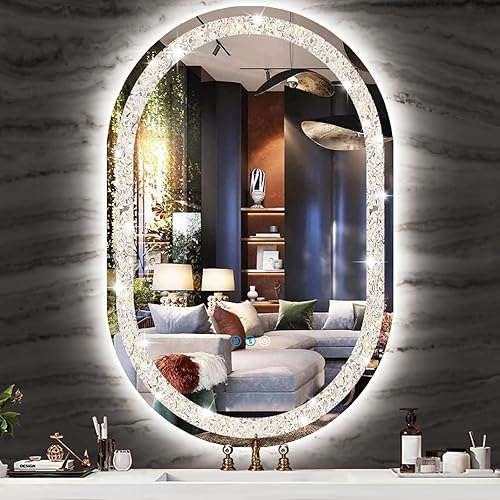 Miniatura 8 de Espejo de tocador ovalado de cristal con luces de 16 x 24 pulgadas, espejo iluminado ovalado de cristal para pared de baño, montaje
