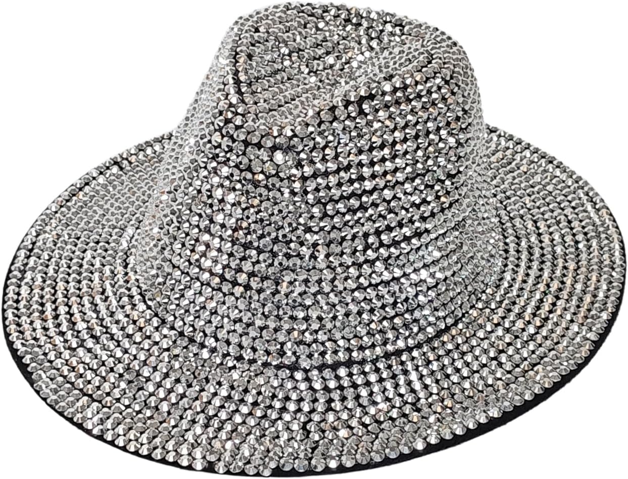 Rhinestone Fedora Hat for Women, Vintage Handmade Wide Brim Panama Hat Bling Crystal Diamond Adjustable Jazz Cap