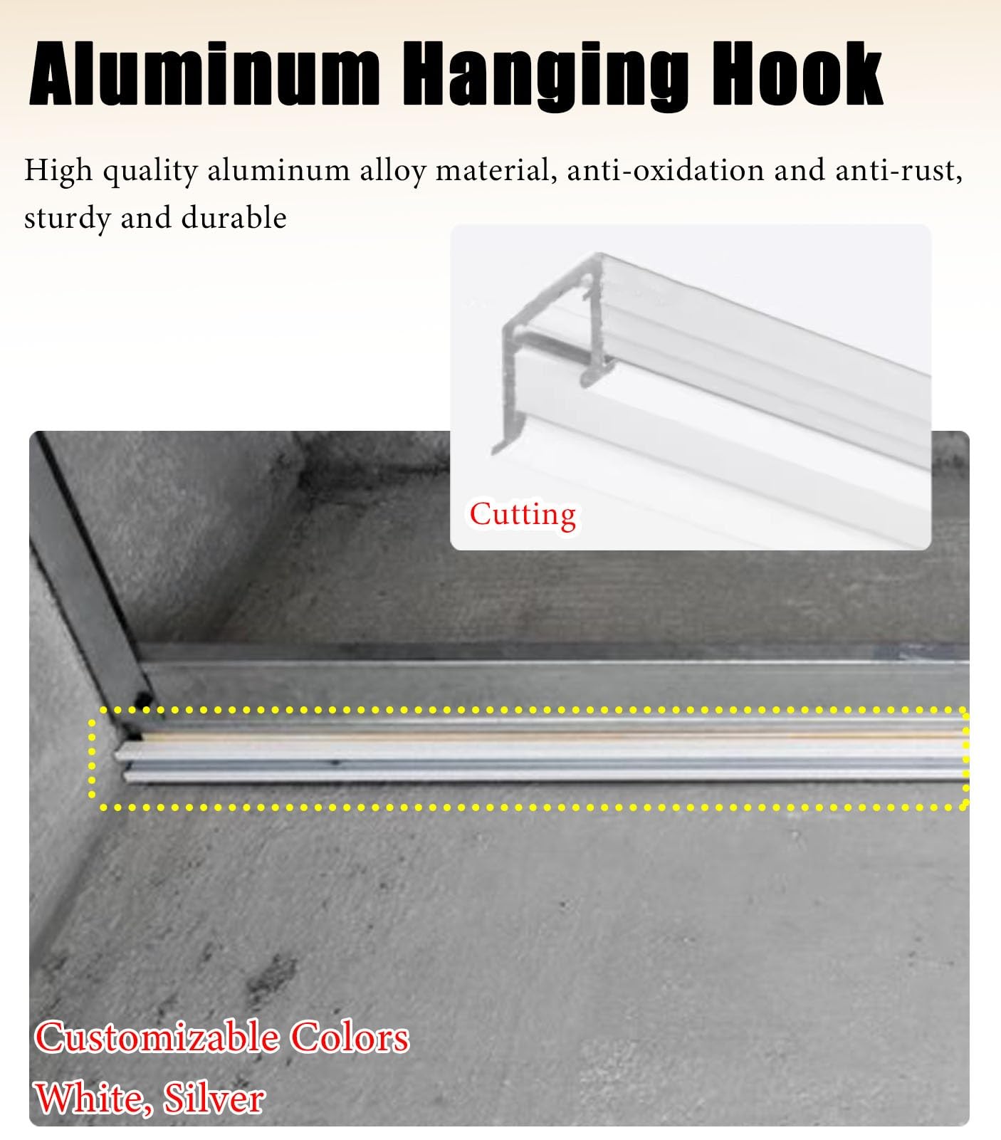 Colgar Cuadros Riel para Colgar Cuadros en El Techo, Ideal para Paredes de Hormigón. Perchas Giratorias de Aluminio para Marcos Pesados. Exhibidor de Fotos con Riel en U y Ganchos Ajustables.(122cm/48