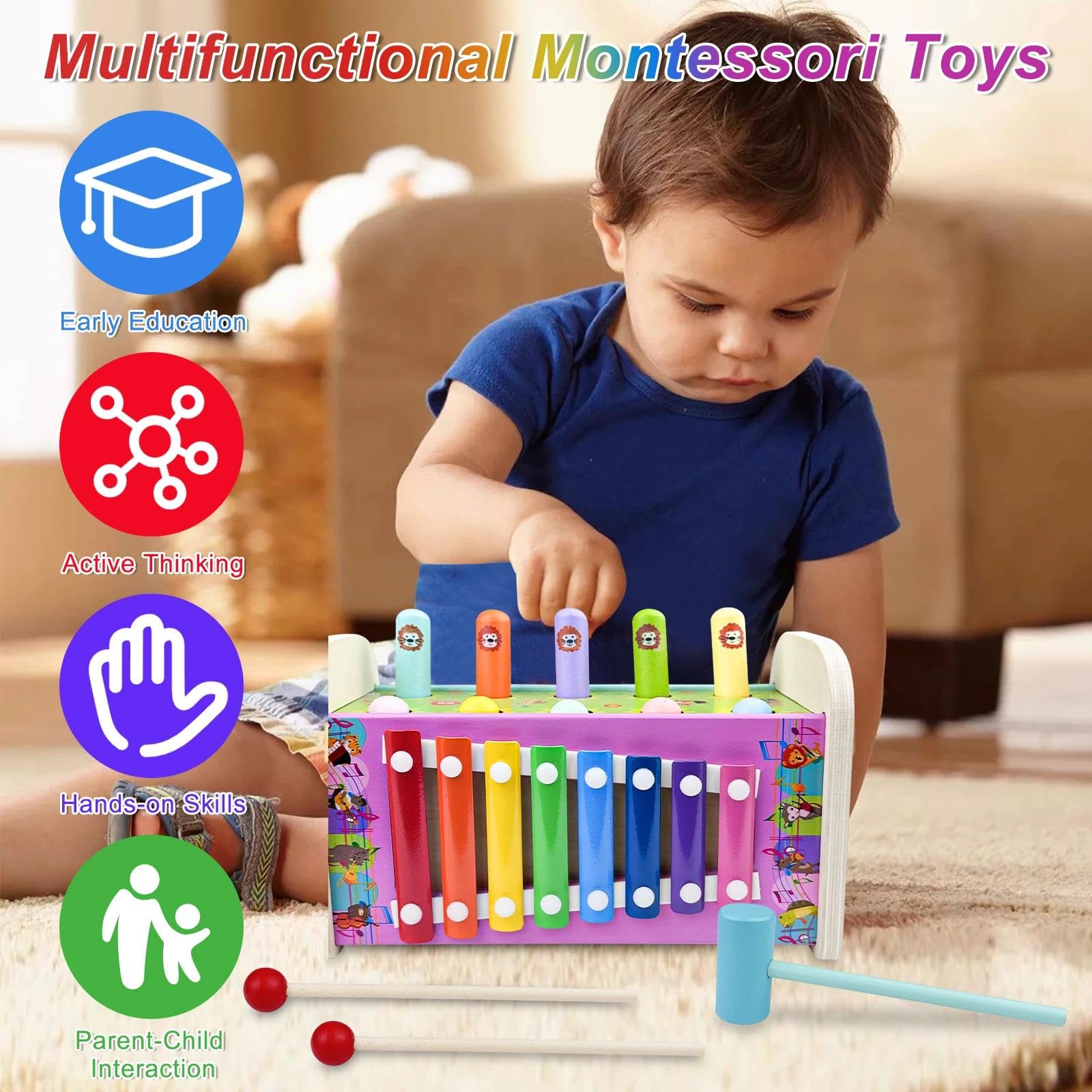 Jouet Xylophone Bebe 3 en 1, Montessori Marteau en Bois, Jeux Chasse Taupe, Banc À Marteler, Motricité Fine Cadeau Enfant 1-4 Ans