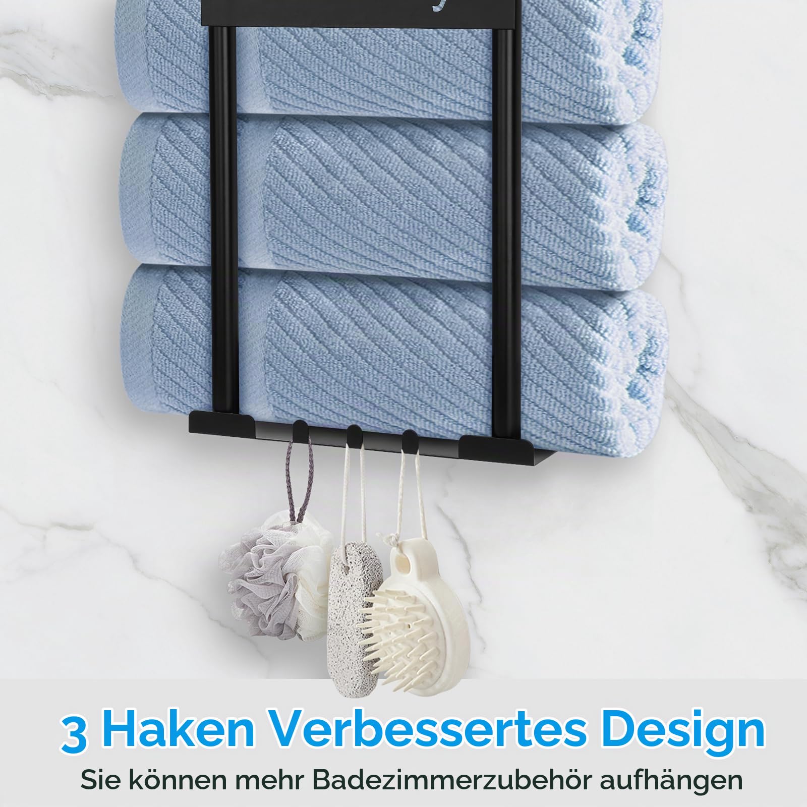 BlumWay 76cm Badezimmer Handtuchhalter Wandmontage, Metall Handtuchhalter mit 3 Haken, kann 5 große Handtücher halten, Badezimmer Handtuchhalter mit Regal & Aufbewahrungskorb für Toilette