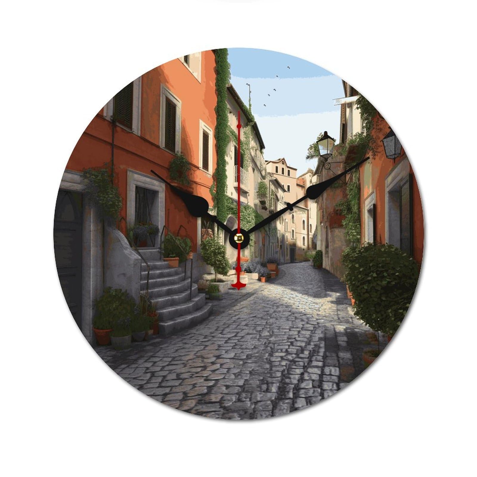 Horloge murale en bois de 24,8 cm au motif de rue italienne pour salon