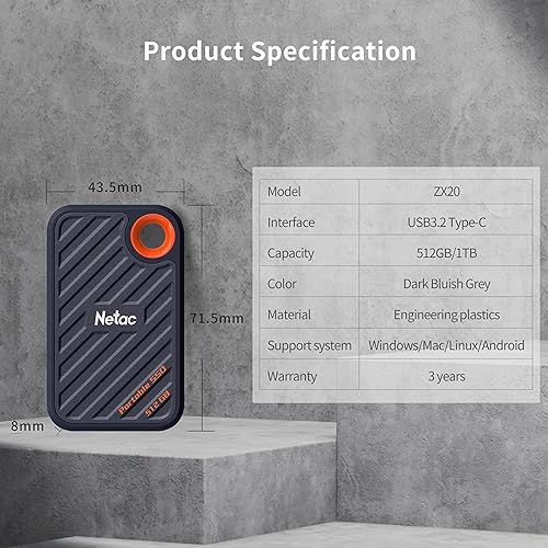 Miniatura 2 de Netac Unidad externa de estado sólido SSD portátil extremo de 512 GB de hasta 2000 MBs de lectura de 1700 MBs de velocidad de escritura, USB 3.2