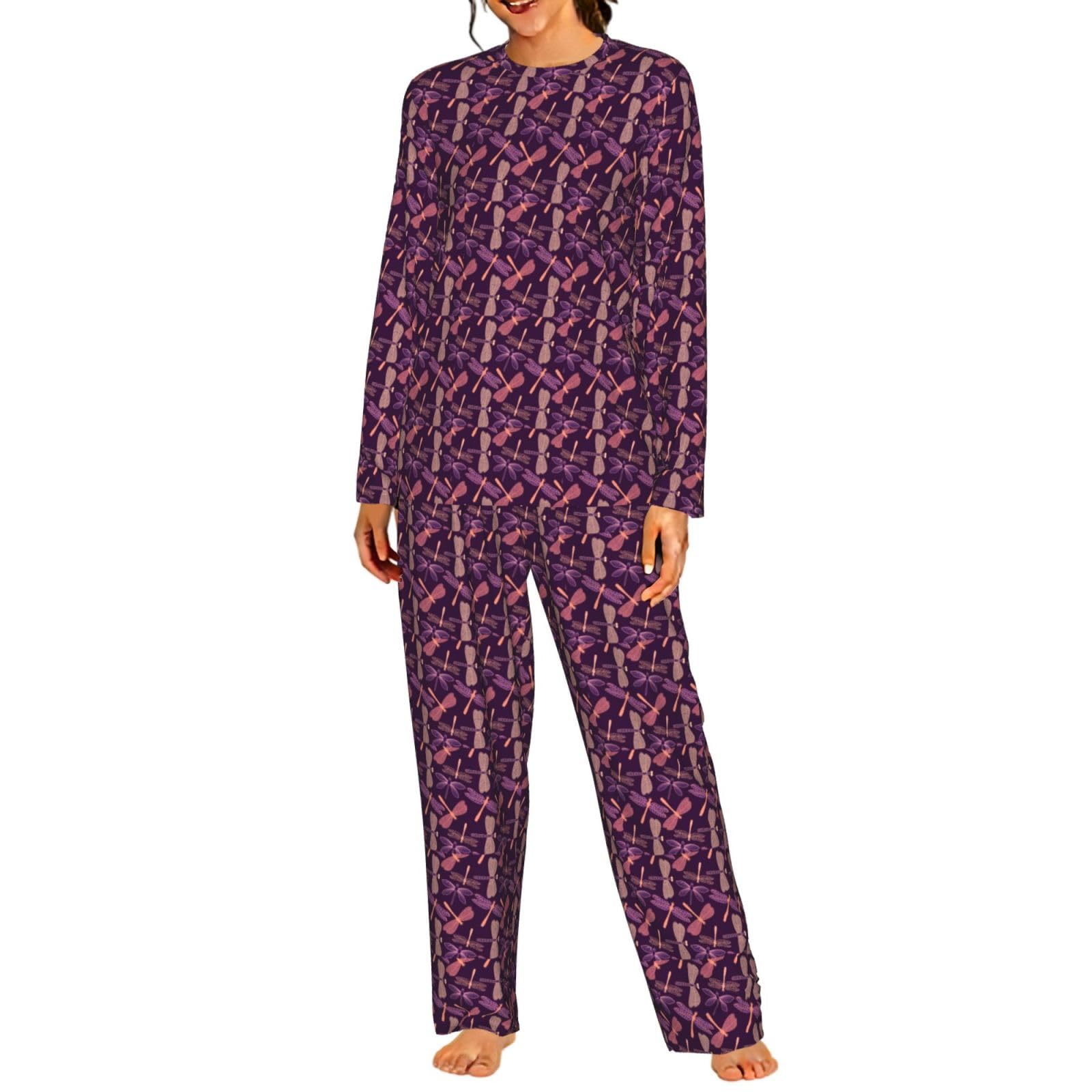 Viola Libellula Stampa Delle Donne Manica Lunga Pigiama Corrispondente Morbido Elastico Coulisse Casual Daywear