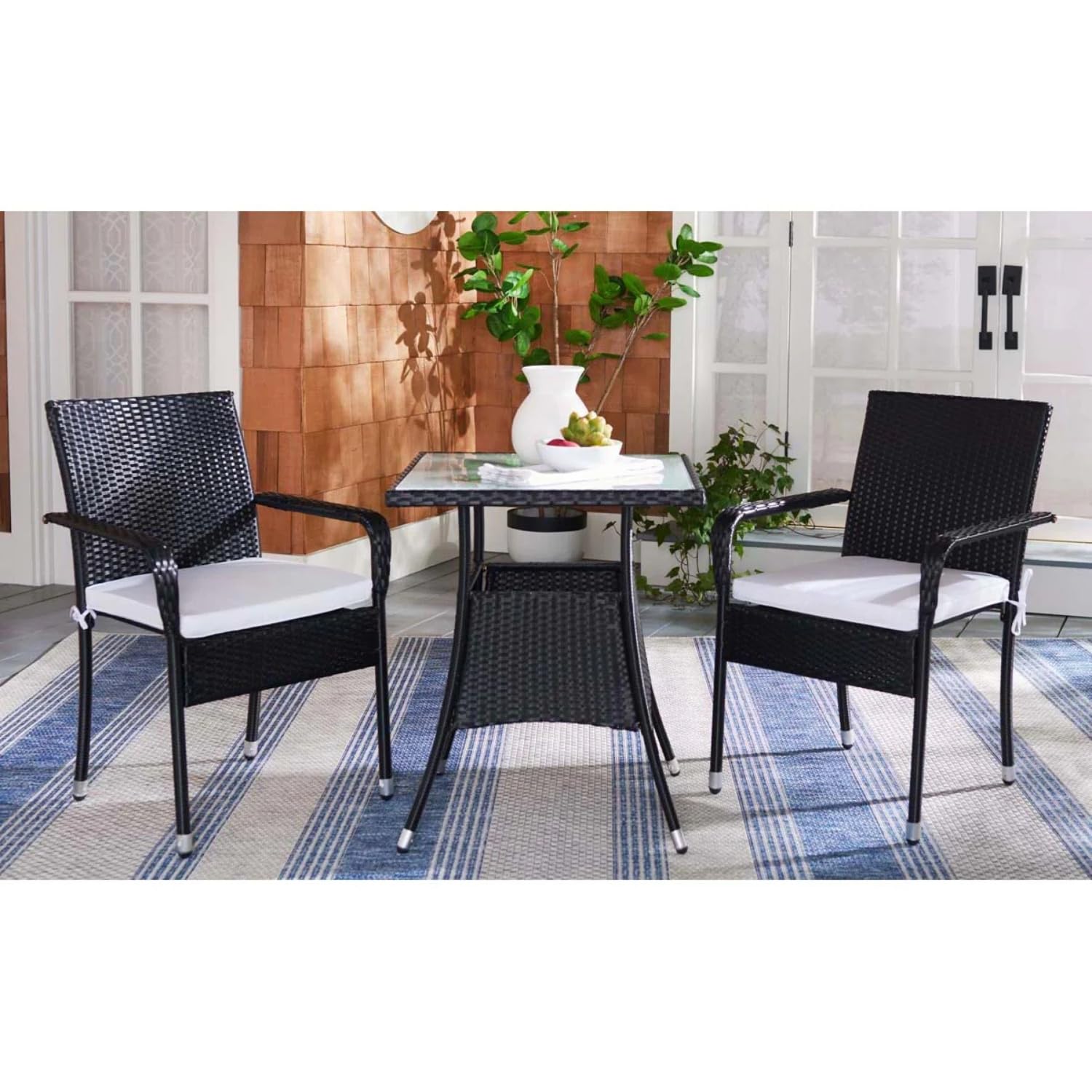 DEVOKO Outdoor Rattan Wicker Patio Chairs with Coffee Table for Front Porch, Outside Balcony (Dark Brown & Off-White)