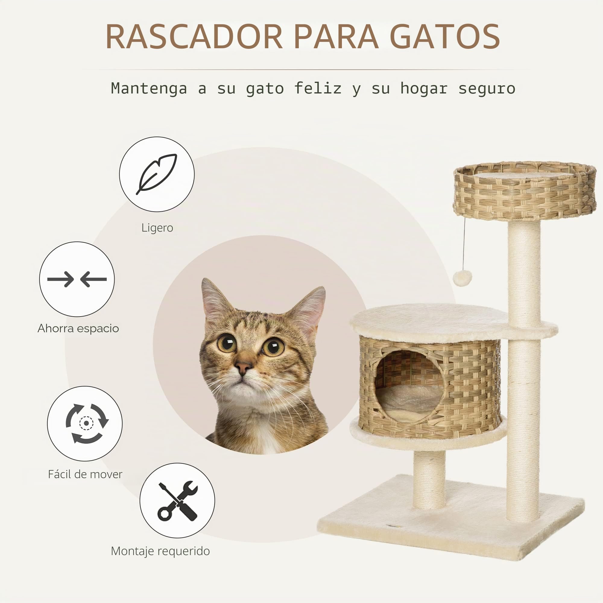 PawHut Poste rascador de ratán de 95 cm de Altura árbol para Gatos de 3 Niveles con Plataforma, Cama para Gatos, árbol trepador con Cueva para Gatos Troncos de sisal Pelotas de Juego Muebles para