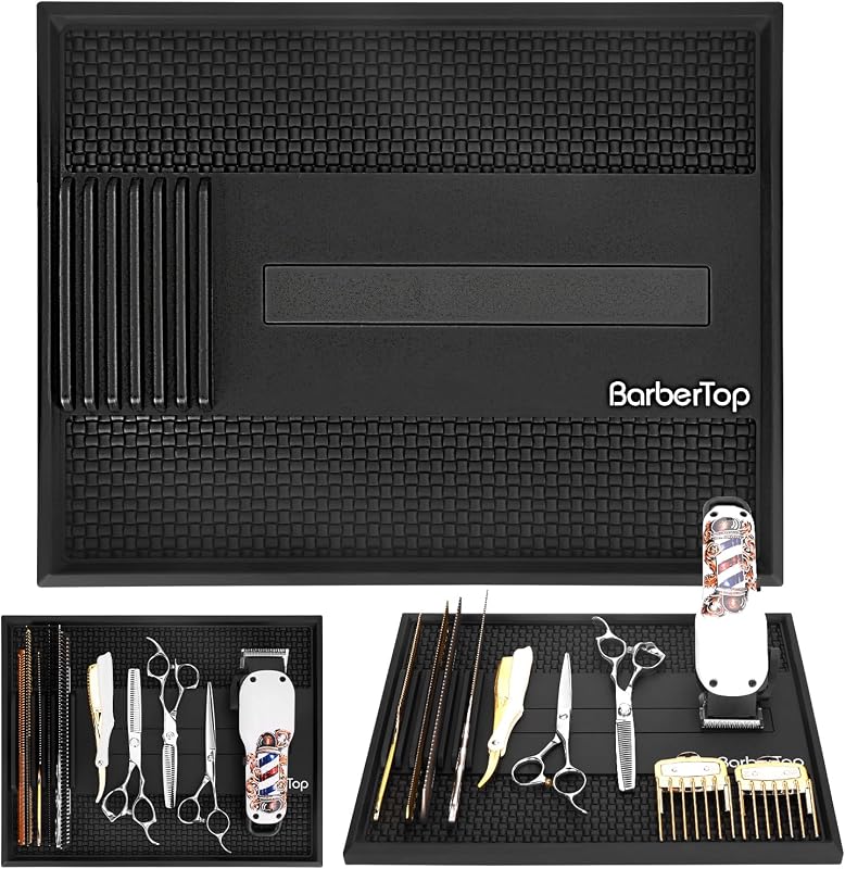 Tapete magnético BARBERTOP para ferramentas de barbearia, com faixa magnética, compartimentos e superfície antiderrapante