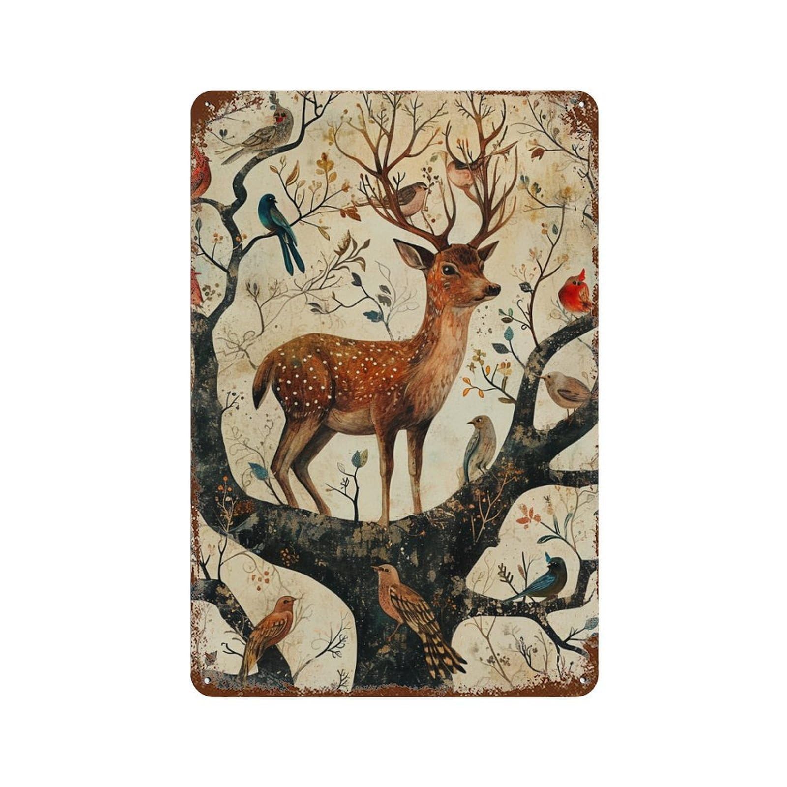 Forest Harmony Deer And Birds Distressed Metal Wall Sign 11.8"x7.9", Ideal for Cafe, Home Bar And Lounge Decor