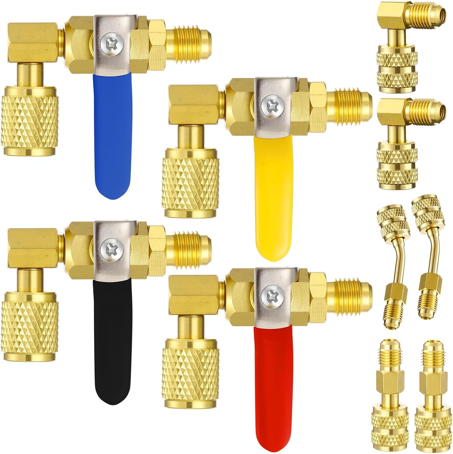 Mudder 10 Pcs Air Conditioning Refrigerant Compact Ball Valve 1/4 Inch Compatible with HVAC Adapter R410A R134A R12 R22 5/16inch Female to 1/4inch Male Flare(4 Straight Ball Valve, 6 Adapter,Gold)