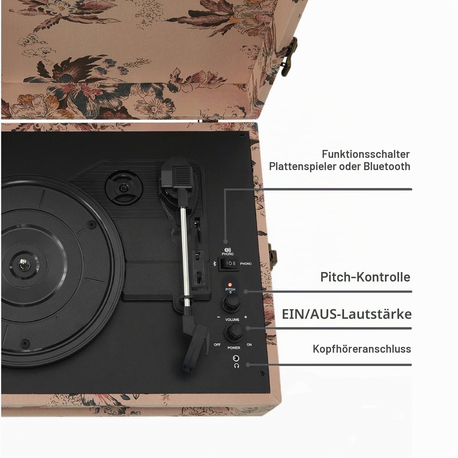 Crosley Voyager Plattenspieler mit 2 Lautsprecher, Bluetooth In & Out und AUX - 3 Speed Retro Schallplattenspieler - Für 7", 10" und 12" Vinyl - Tragbar mit Integriertem Koffer - Blumen