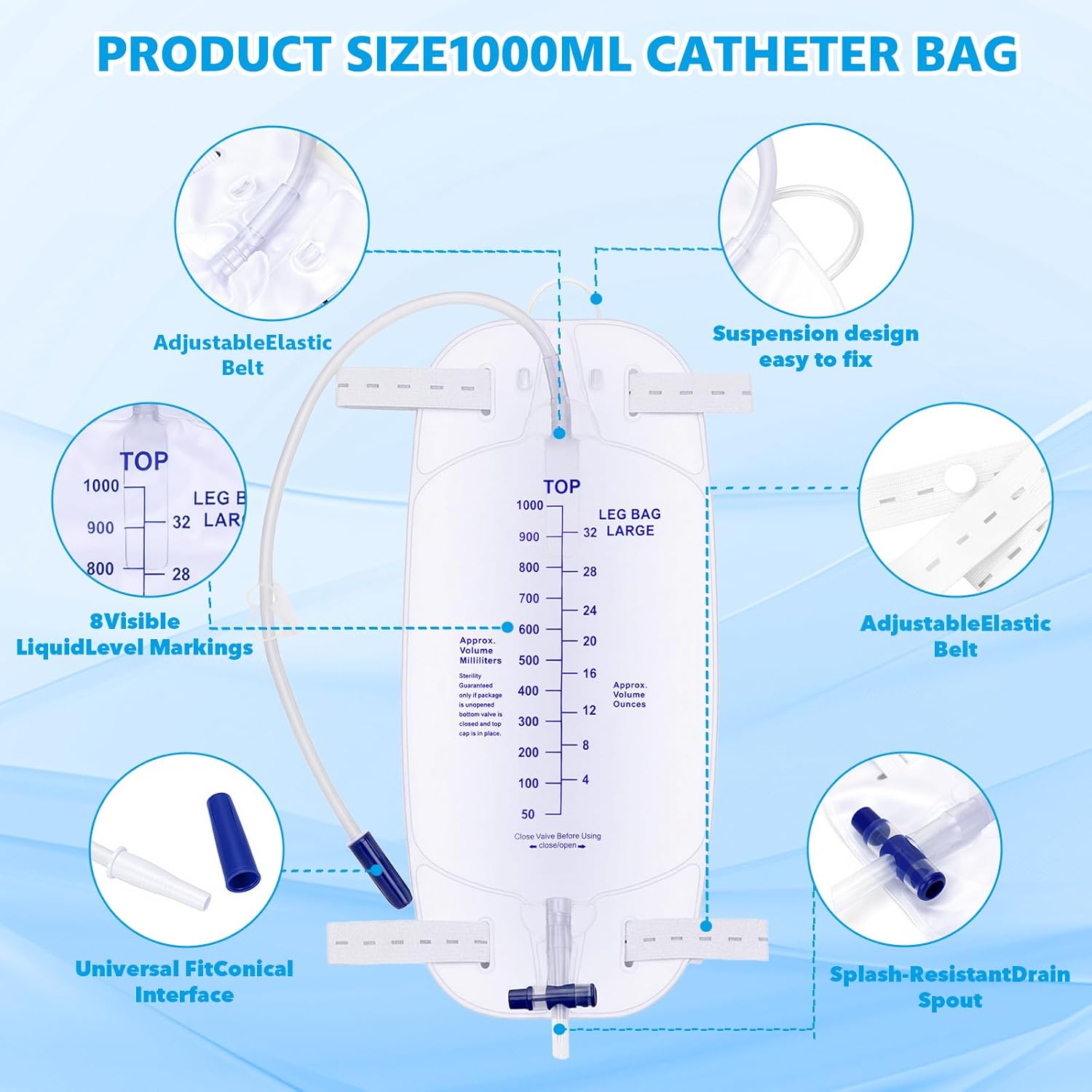 1000ml Foley Catheter Leg Bags, Urinary Drainage Bag for Men Women with Anti-Reflux Valve 18” Tubing and Adjustable Cloth Straps Easy Flip Drain Individually Packed, Pack of 24