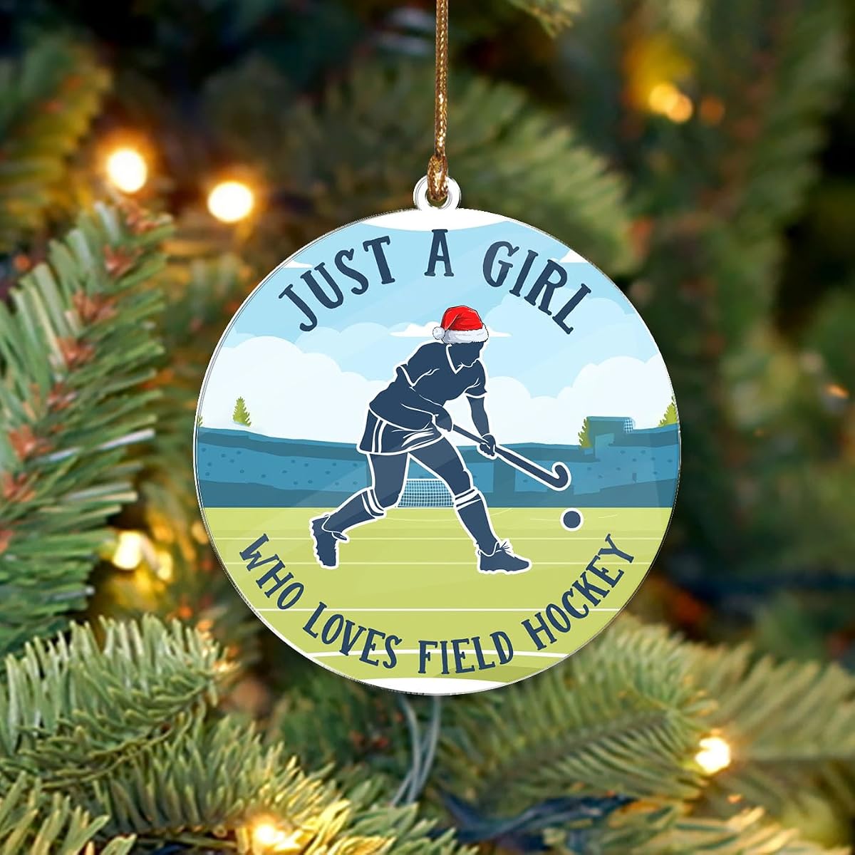 Just A Girl Who Loves Field Hockey Adornos para árbol de Navidad 2026, adornos para jugadora de hockey sobre césped para niñas, hermana de la familia, mamá amantes del deporte, palos de bola cruzada plana acrílica de 3.5 in