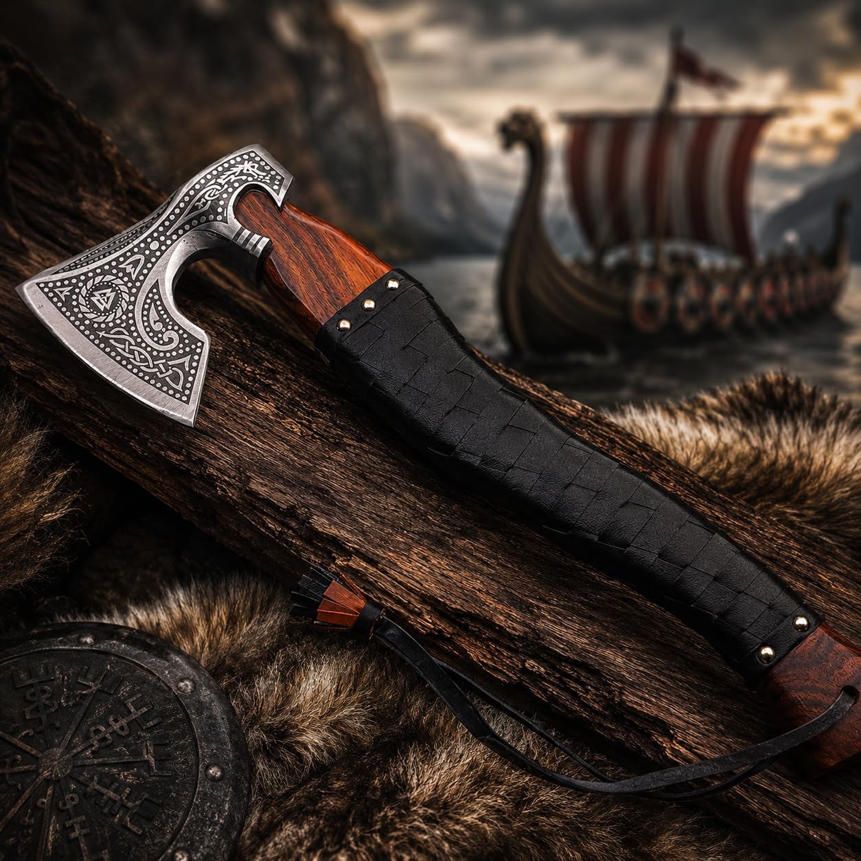 Wikinger Axt Valknut Gravur Handgeschmiedet + Lederscheide