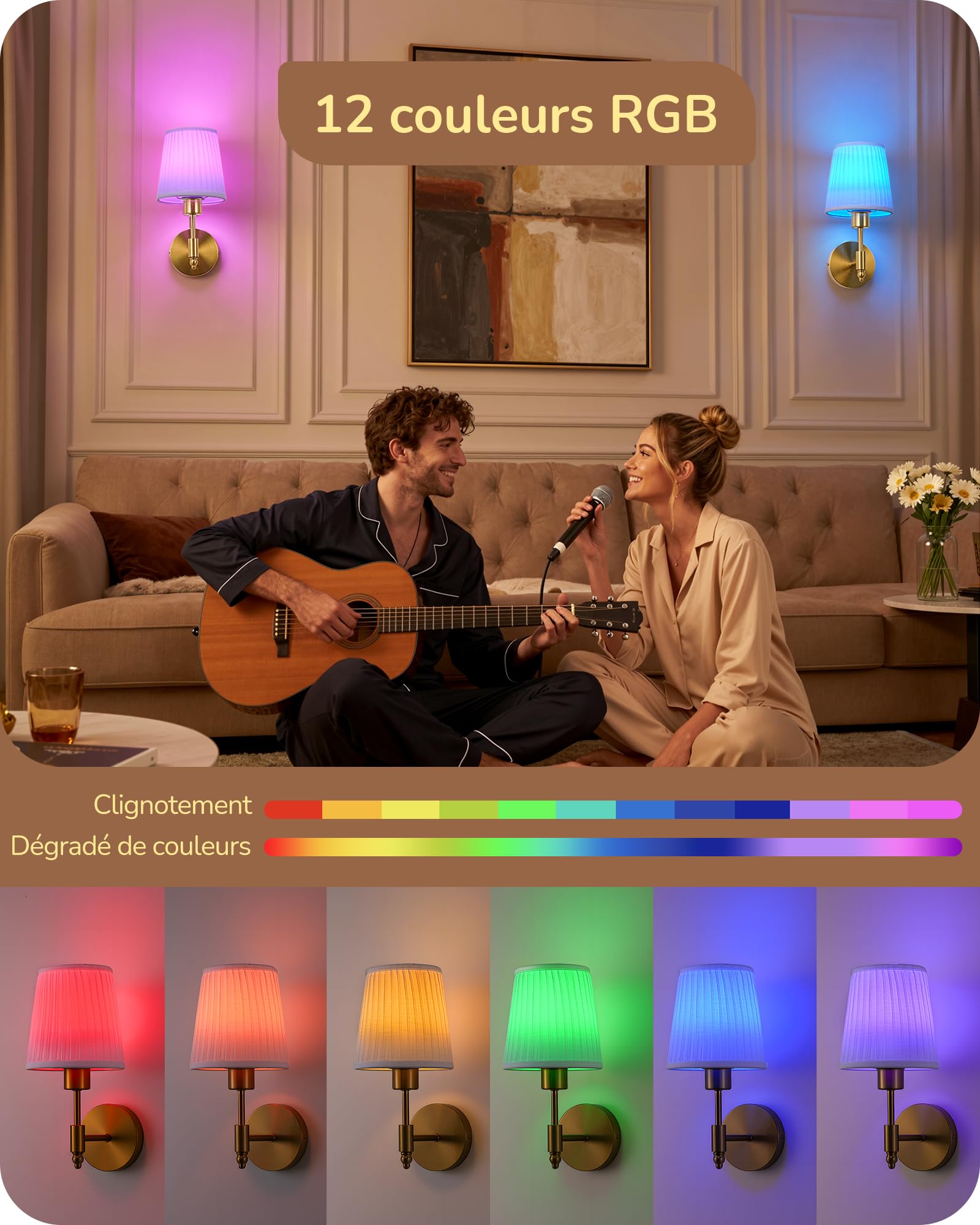 EDISHINE Applique Murale Rechargeable avec Télécommande, 12 RGB, Dorée