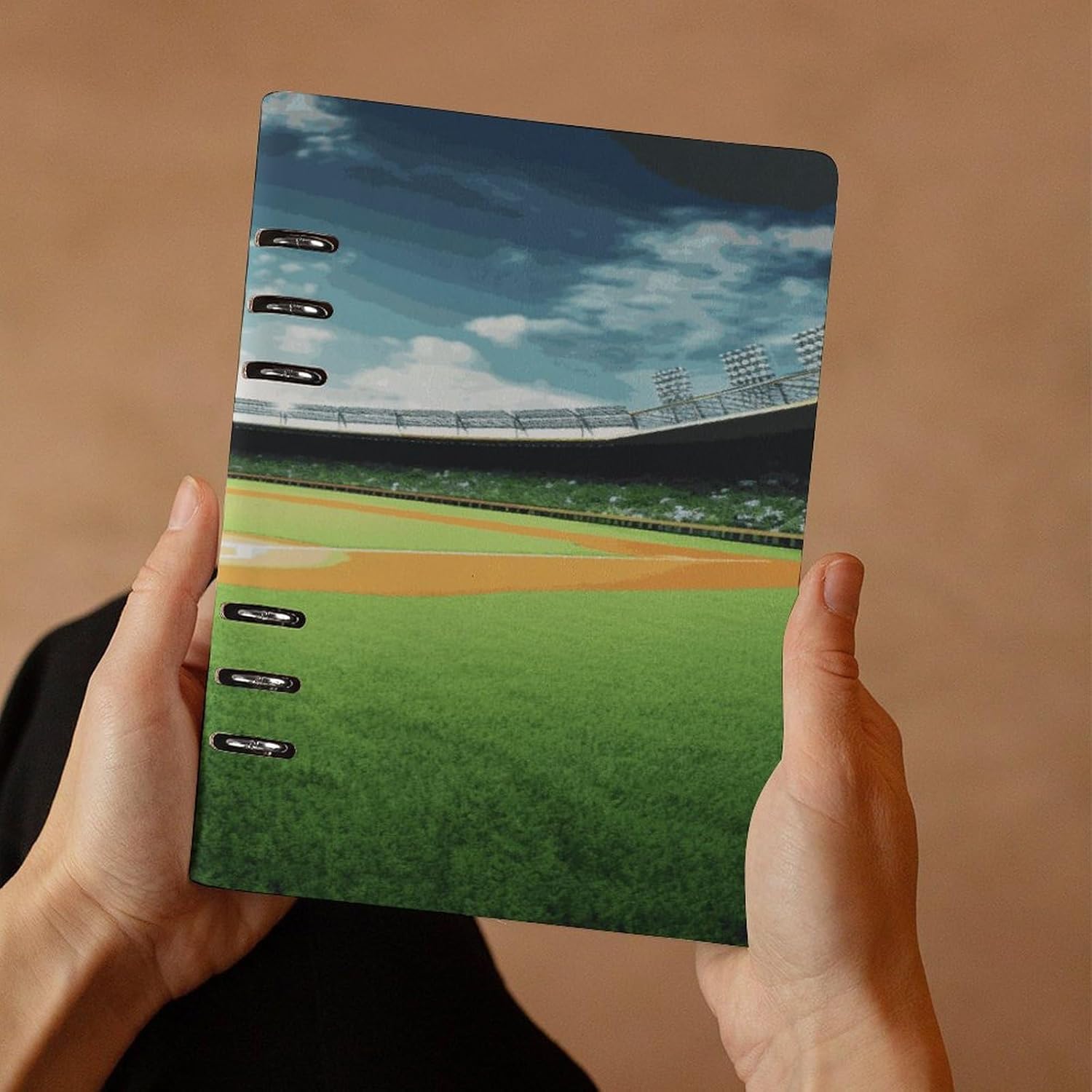FekiLoot Green Baseball Field Backdrop 6-Ring Professional Notebook All-in-one Telescoping Binder Notebook A5 Cute College Ruled Hardcover Notebook for Work & Note Taking 90 Sheets Capacity