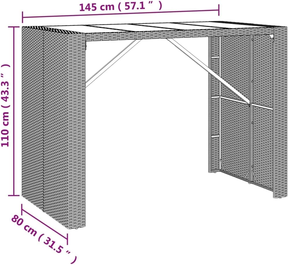 vidaXL Modern Patio Bar Table - Weather- Gray Poly Rattan with Glass Top - Perfect for Garden, Outdoors, Poolside, 57.1"x31.5"x43.3"