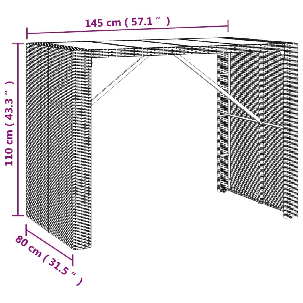 vidaXL Table de Bar et Dessus en Verre Marron 145x80x110 cm Poly rotin, Table de fête, Table de pub, Table de Bar de Petit déjeuner, Table de bistrot