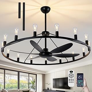 50" Wagon Wheel Fandelier,Extra Large Ceiling Fans With Lights And Remote,App,6 Speeds,15-Lights,Modern Farmhouse Dining Room Light Fixture With Fan For Living Room Kitchen Over Table Bedroom Foyer