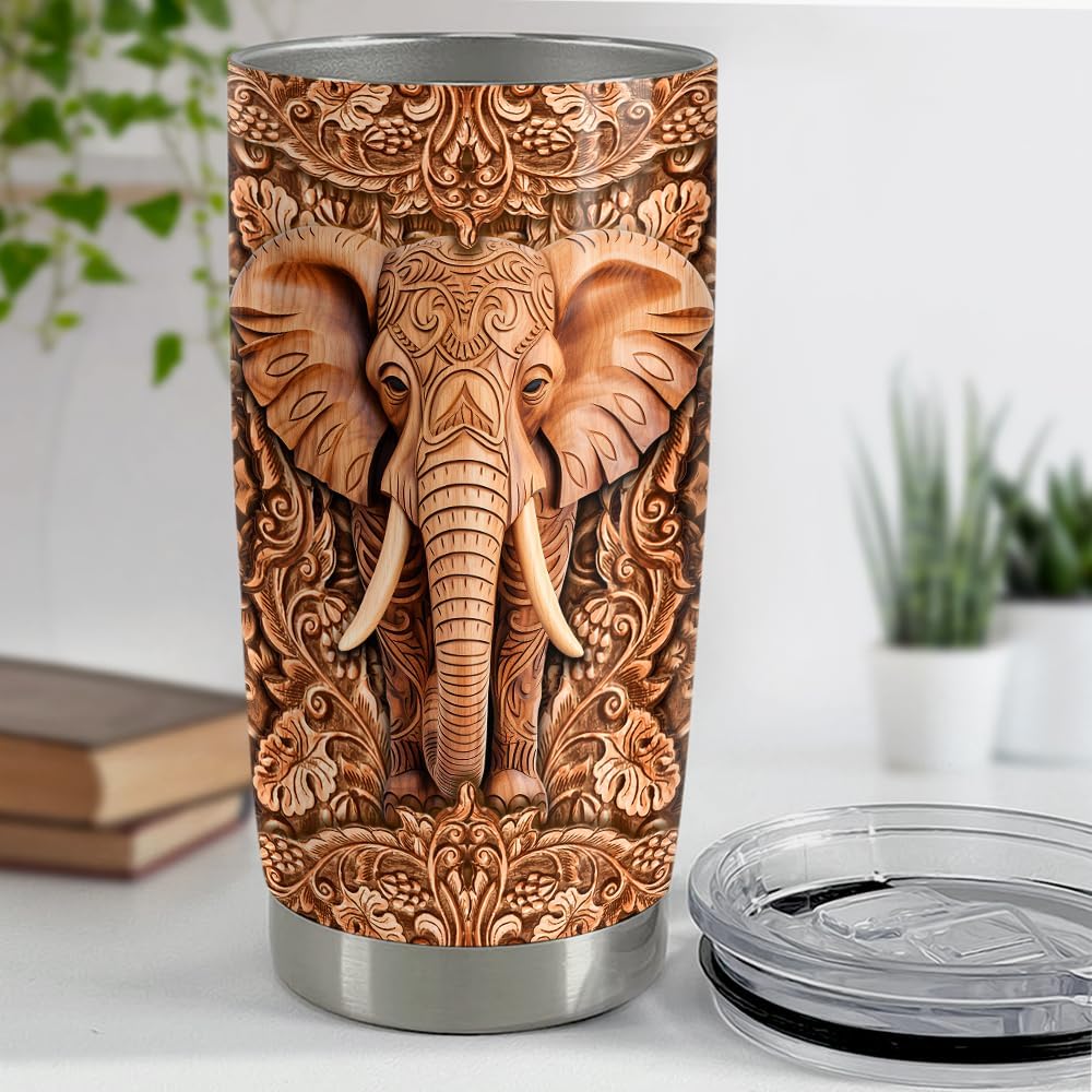 SANDJEST Elephant Tumbler 20oz Elephants Wood Drawing Stainless Steel Insulated Tumblers Coffee Travel Mug Cup Gifts for Women Men Elephant Gift for Birthday Christmas - Image 4