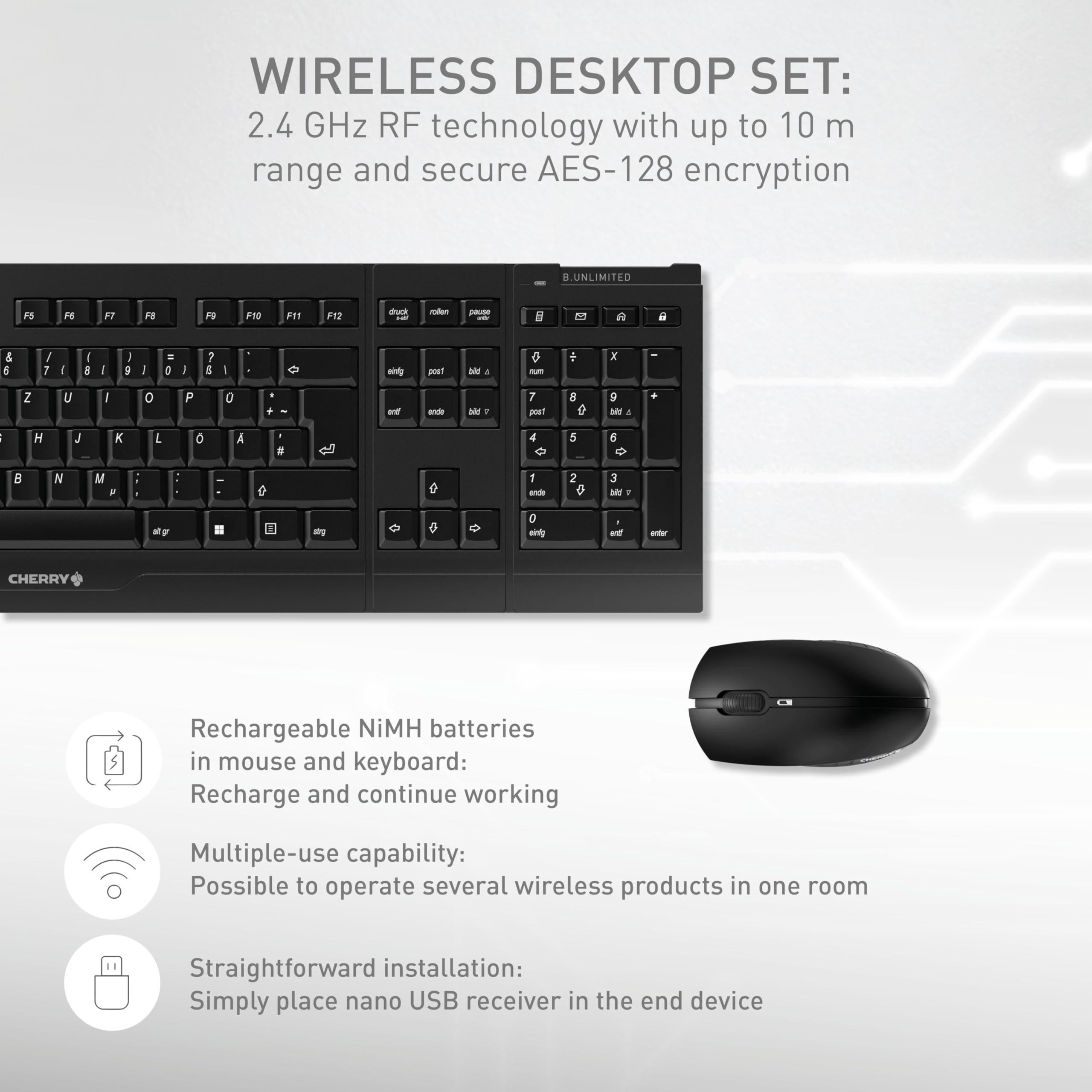 CHERRY B.UNLIMITED 3.0, Bezprzewodowy Zestaw Klawiatura i Mysz, Układ EU (QWERTY), Połączenie przez 2,4 GHz, Odporne na ścieranie Przyciski, ładowalne, Czarny