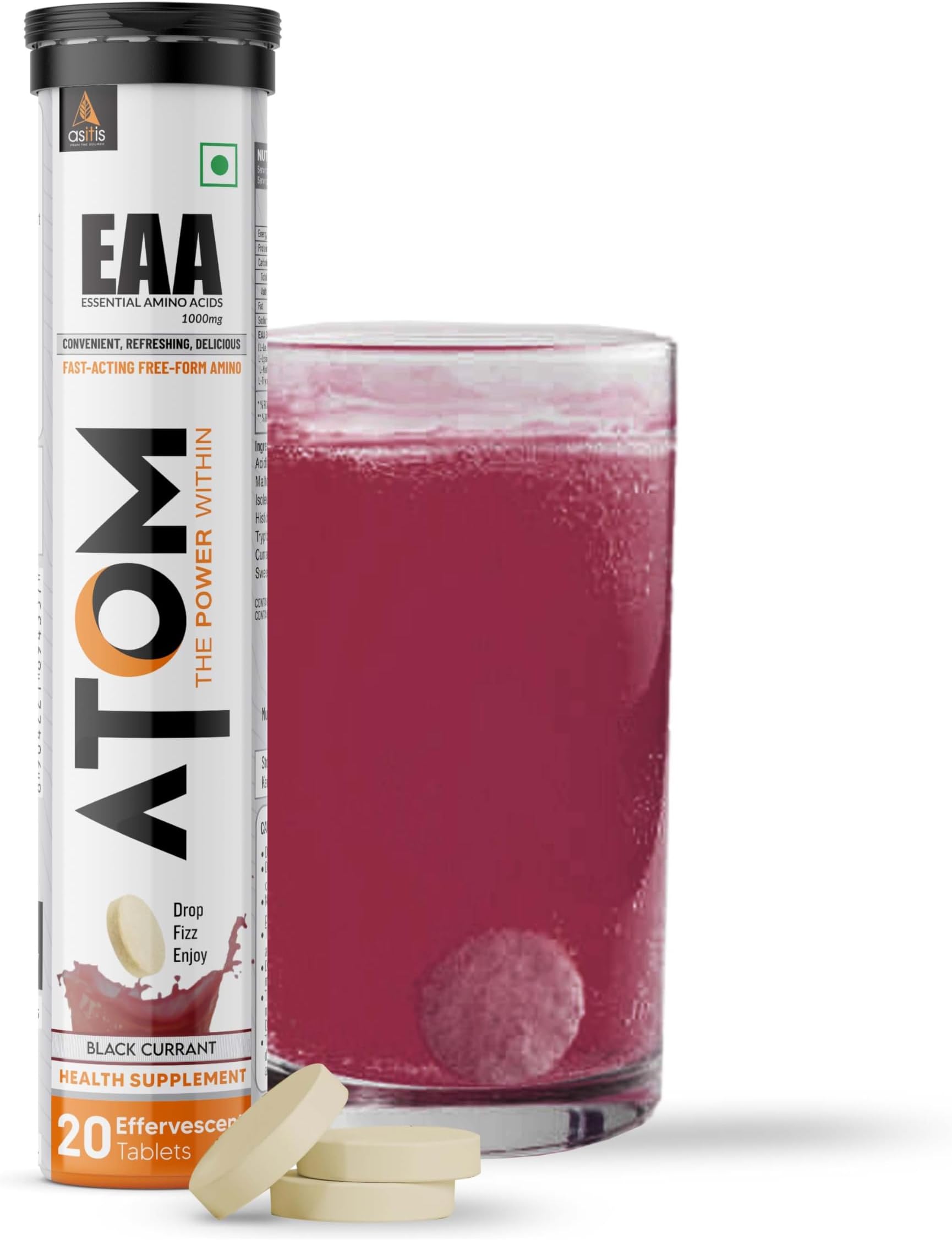 AS-IT-IS ATOM EAA Effervescent 20 Tablets| All 9 Essential Amino Acids with 100% Bioavailability| Muscle Recovery & Performance| Convenient, Refreshing & Delicious โ Black Currant Flavour