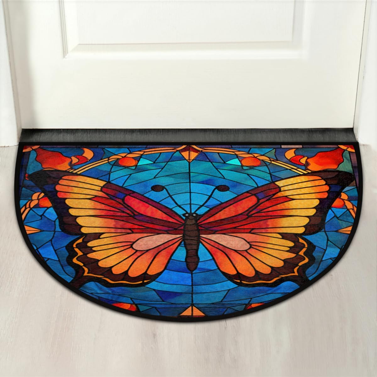 Azulejo Butterfly Portuguese Half Round Door Mats Intdoor Entrance 36x24 In, Non-Slip Welcome Mat for Outdoor Semi Circle Bathroom Floor Rugs,House Entry Way Heavy Duty Doormat for Kitchen Living Room
