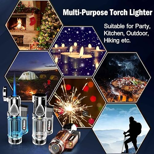 Miniatura 6 de Encendedor de antorcha, paquete de 3 encendedores de butano, encendedor de llama de chorro resistente al viento con ventana de combustible y