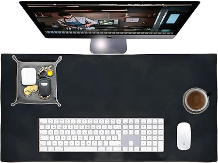 Leather Desk Mat Desk Pad - Full Grain (32x16) Leather Desk Cover Blotter & Protector - Large Computer Keyboard Gaming Table Mat - Desktop Accessories Mouse Pad for Laptop, Office & Home (Black)