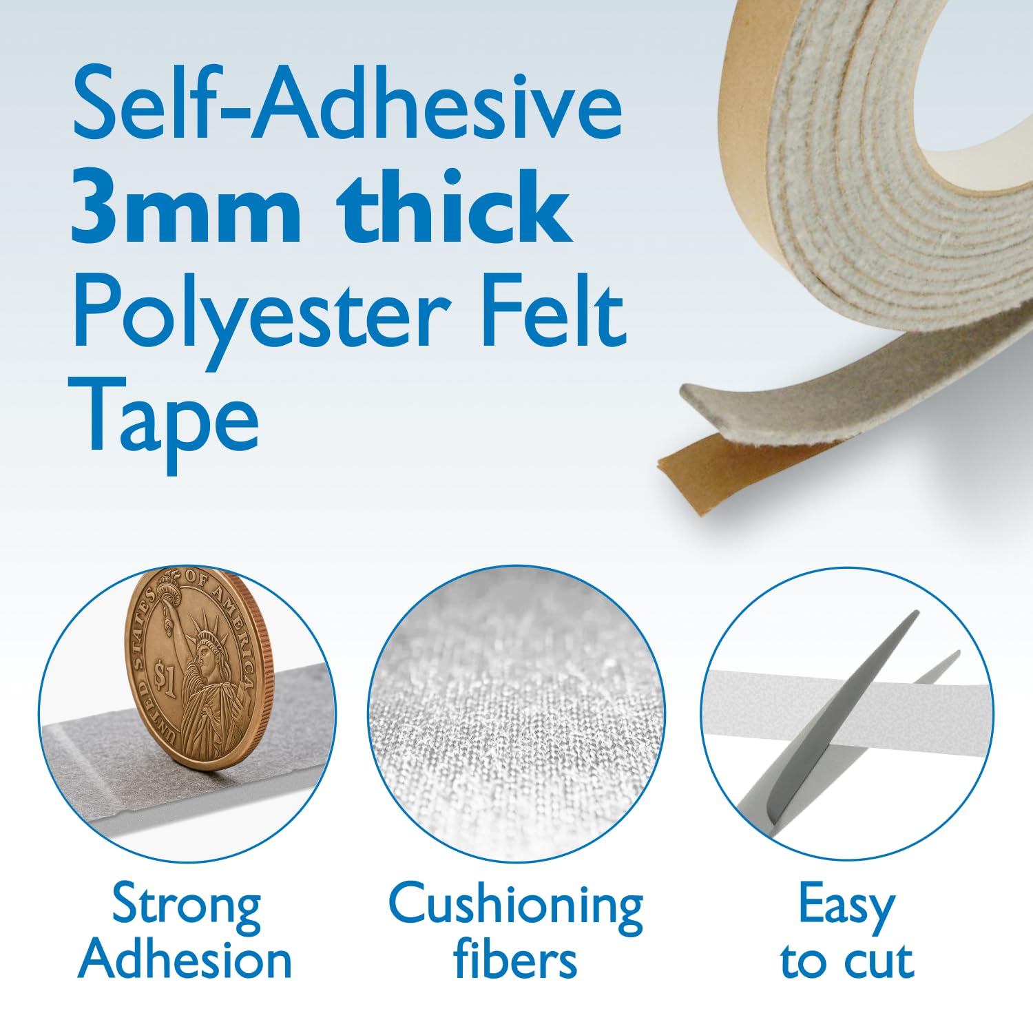 FindTape Polyester 3mm Felt Tape – 3/4 in. x 75 ft. Felt Strips with Adhesive Backing and Furniture Strips, Great for Arts and Crafts, Classrooms, and Protecting Furniture (Light Grey)