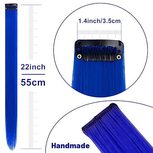 Miniatura 4 de Extensiones de cabello sintético de 22 pulgadas, con reflejos coloridos para fiestas, para niñas, mujeres y niños (10 unidades, azul)