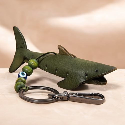 Miniatura 7 de Handmade Leather Shark Keychain, Hanging Charm Accessory for Purse, Bag and Backpacks  100% Genuine Leather, Shark Gift for Shark Lovers (Dark Green)