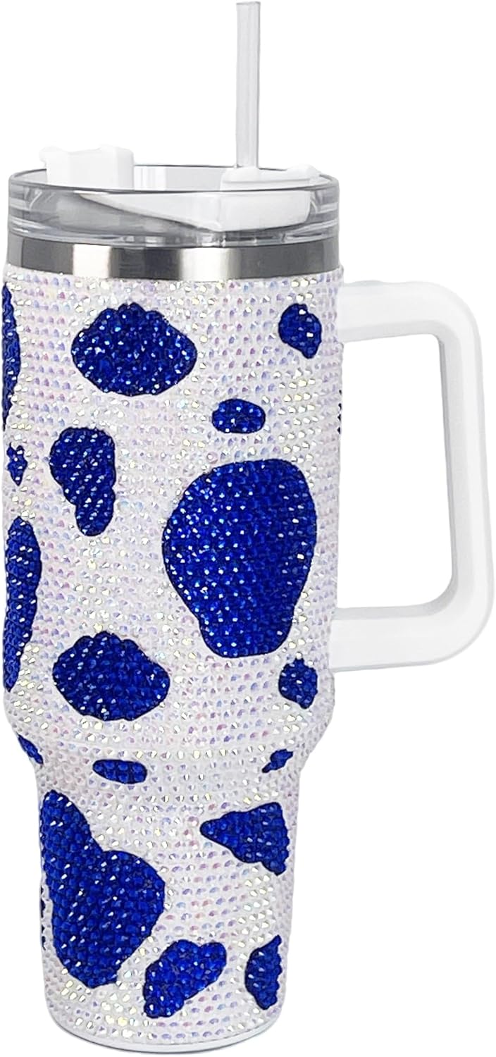 40oz Dark Blue Cow Bling Rhinestone Stainless Steel Sippy Tumbler Glitter Vacuum Insulated Water Bottle with Straw & Lid & Handle,Thermos for Hot & Cold Drinks,Car Cup Holder,Coffee
