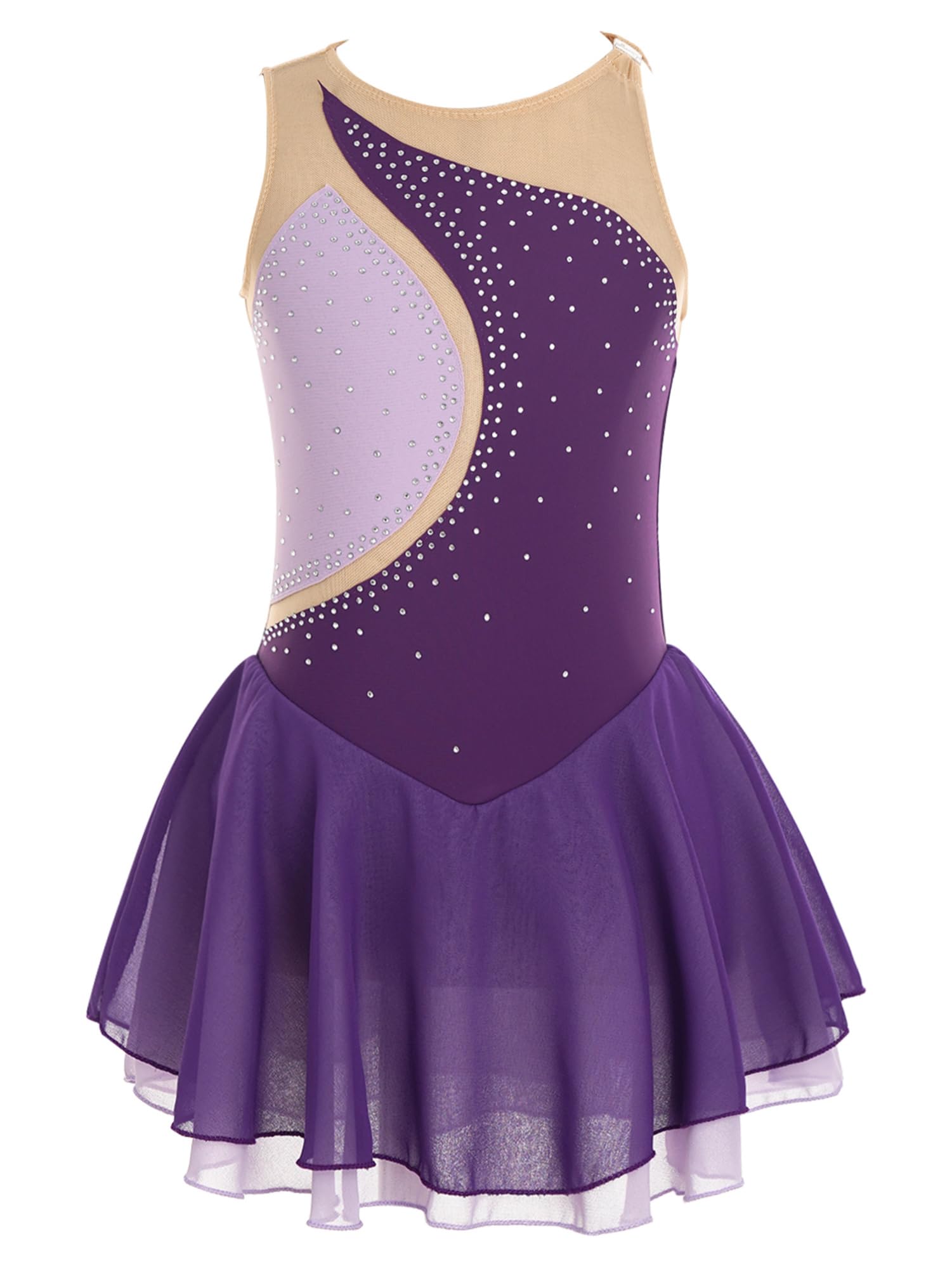IEFIEL Vestido de Patinaje Artístico para Niña Maillot Ballet con Falda Malla de Gimnasia Rítmica sin Mangas con Lentejuelas Brillantes Vestido de Danza Lírica — view 22