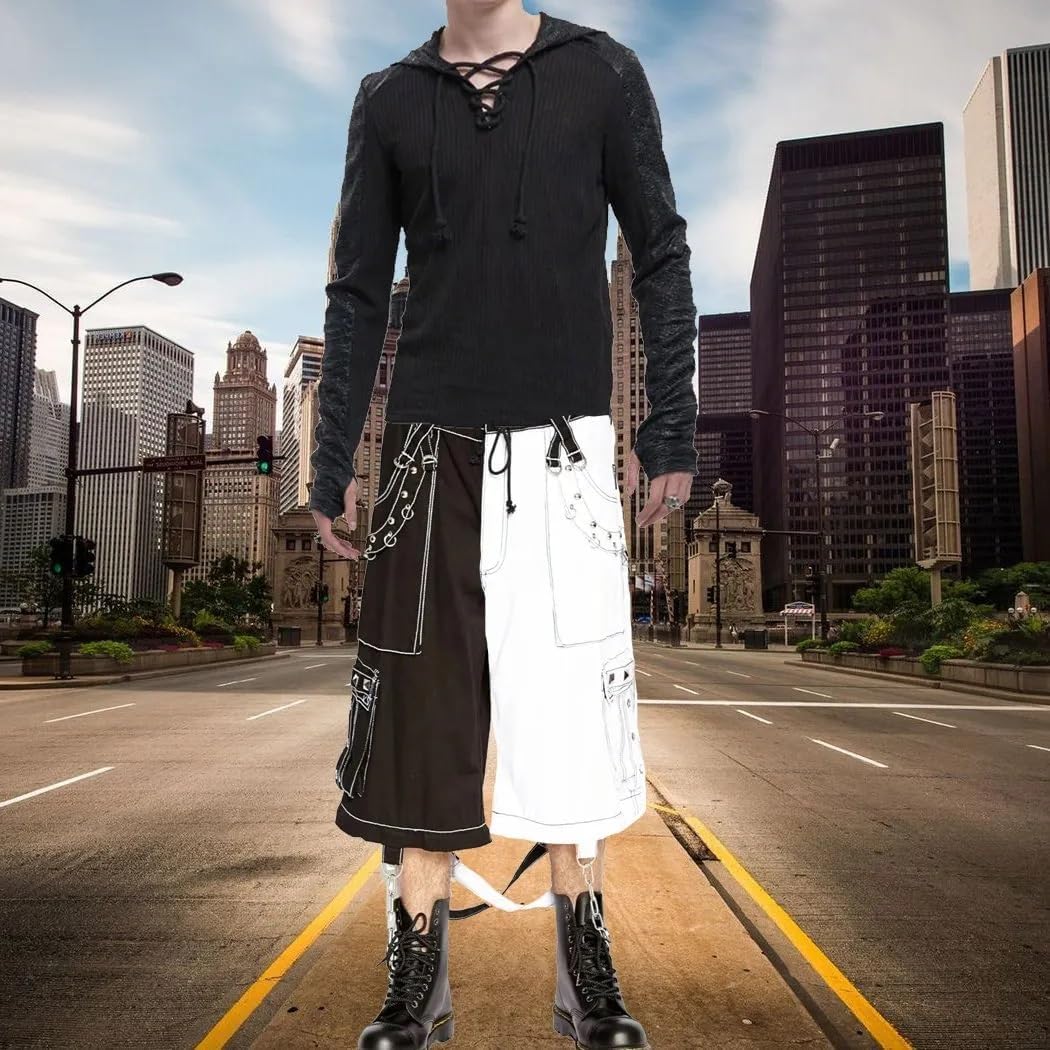 Darkrock Gothic Wide Leg Cargo Pants, Two-Tone Black and White, Chain Details, Punk Style