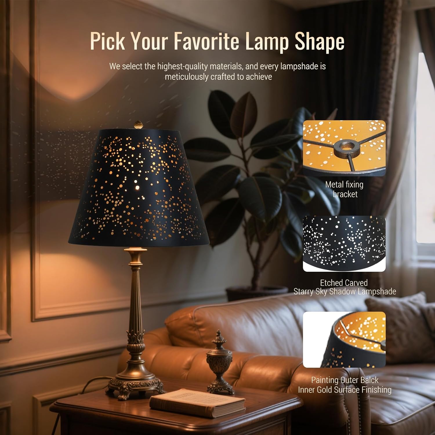 Small modern black gold lamp shades,metal boho scalloped lamp shade,Lamp shade replacement 5" top, 9" bottom, 7" high (Spider Fitter) lamp shades for table lamps and floor lamp,Unique star Etched
