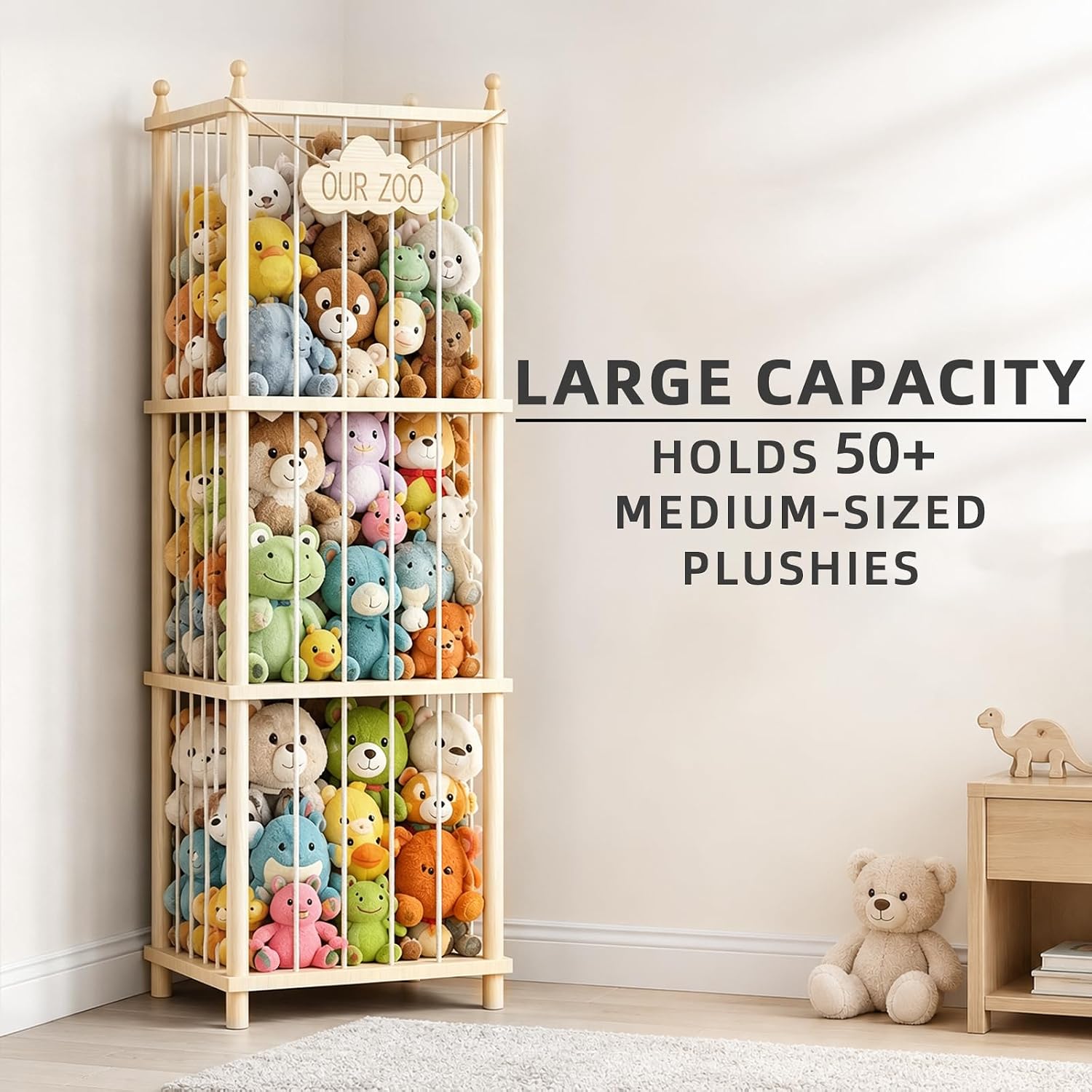 Stuffed Animal Storage Zoo - 54 Inch Large Wooden Children Toy Organizer, Anti-Tip Design Plushie Storage Rack for Nursery & Playroom, Easy Assembly