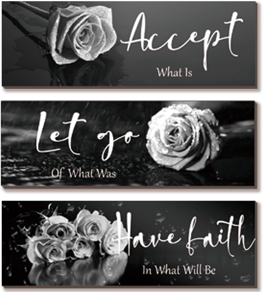 3 Pcs Black White Rose Wall Decor Inspirational Wooden Flower Wall Art White Roses Bathroom Decor with Accept Let Go Have Faith Positive Quotes for Women Bathroom Living Room Bedroom(White Rose 12x4")