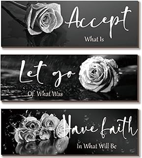 3 Pcs Black White Rose Wall Decor Inspirational Wooden Flower Wall Art White Roses Bathroom Decor with Accept Let Go Have Faith Positive Quotes for Women Bathroom Living Room Bedroom(White Rose 12x4")
