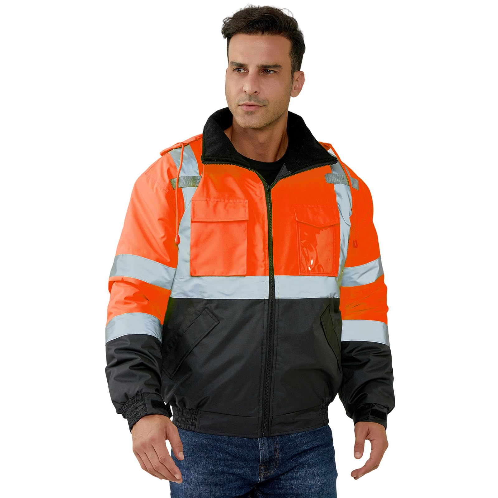 HYCOPROT Veste de Sécurité pour Hommes Veste Bomber Réfléchissante Haute Visibilité Vestes de Pluie Avec Poches de Travail Imperméables Gilets de Sécurité pour Temps Froid Normes EN ISO 20471