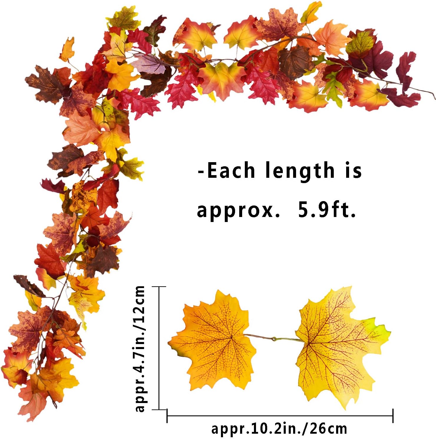 Sunm Boutique 2 Pcs 5.9 ft/Piece Artificial Maple Leaf Garland, Fall Maple Garland, Hanging Fall Leave Vines Hanging Plants for Indoor Outdoor Autumn Door Fireplace Thanksgiving Festival Dinner Party