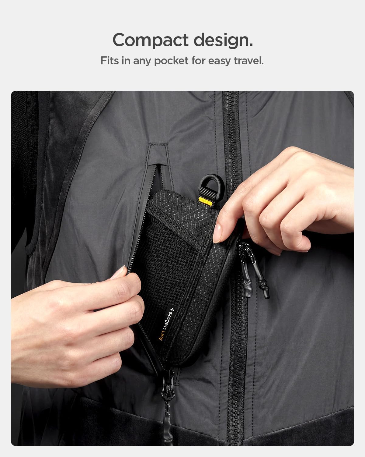 Spigen Life for Soft Material Card Wallet, RFID Blocking Slim EDC Wallet with Mesh Pocket, D-Ring Strap, Waterproof YKK Zipper, Lightweight Everyday Carry Card Holder - Black