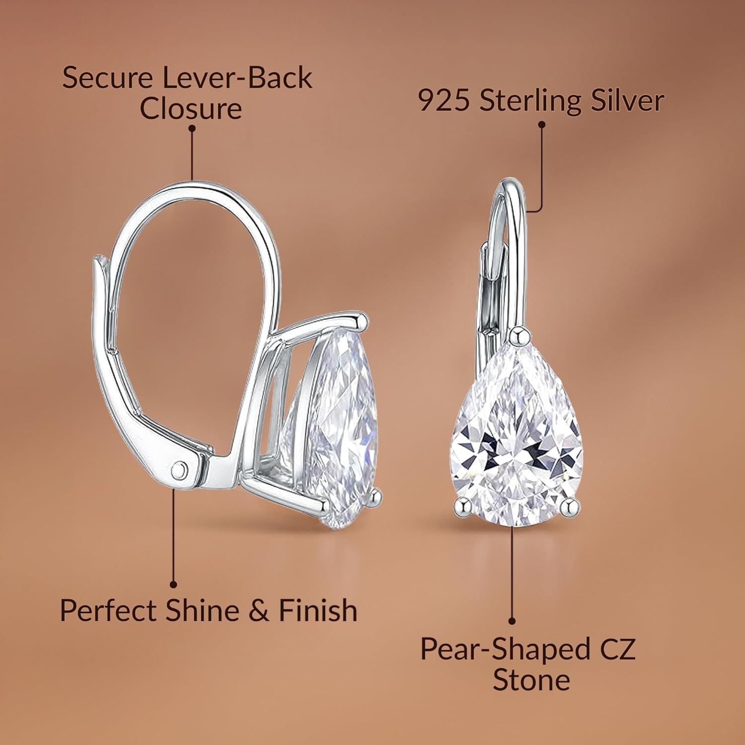 LeCalla 925 Sterling Silver Cubic Zirconia Earrings for Women | Pear-Cut Cubic Zirconia Drop Leverback Earrings | Teardrop Solitaire CZ Earring Birthstone Jewelry Gifts for Her - Image 5
