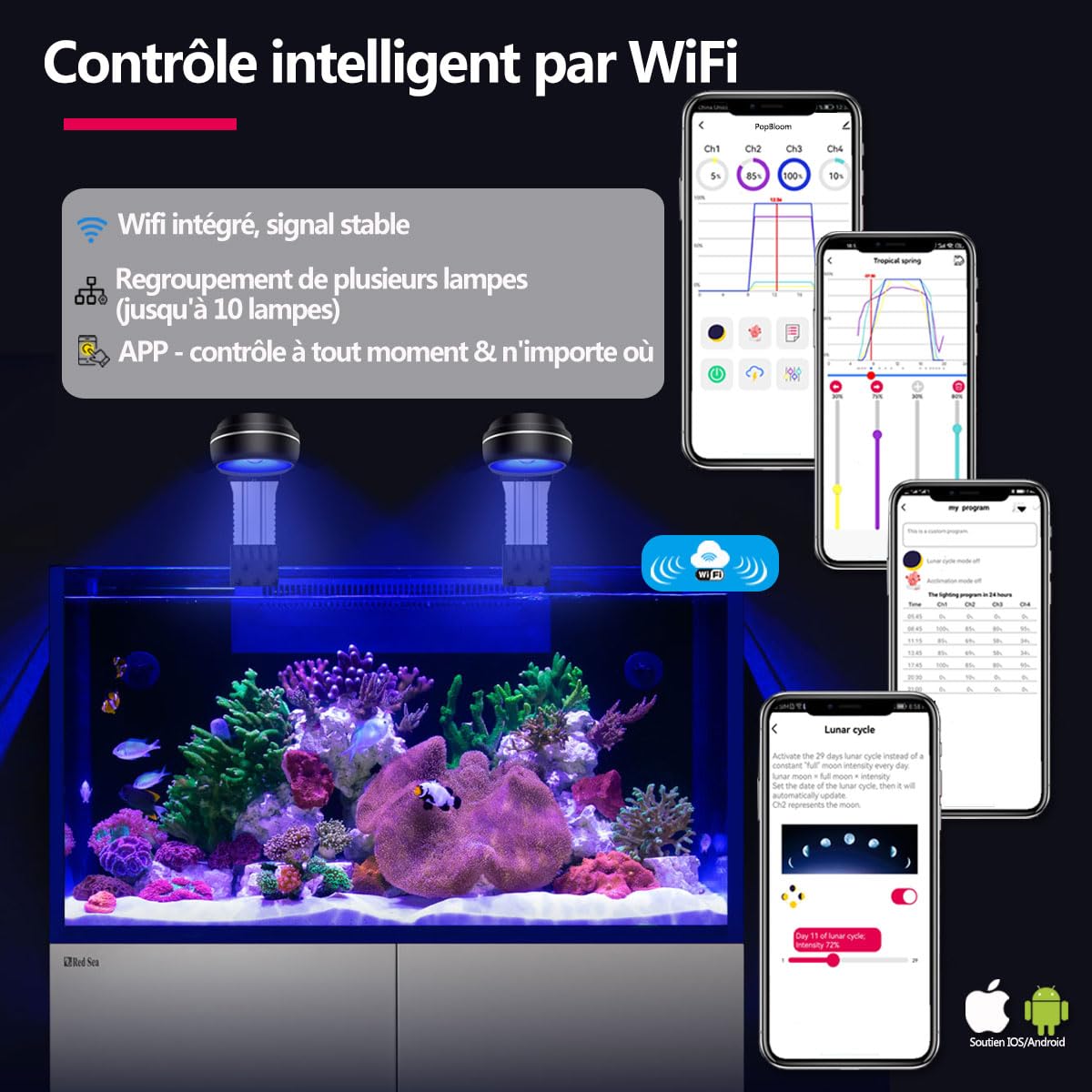 PopBloom RL60 WiFi Rampe LED Aquarium Eau de Mer 60W, APP Programme lampe aquarium eau de mer à Spectre Complet pour Aquarium de Corail recifal, L'APP supporte le français (Noir)