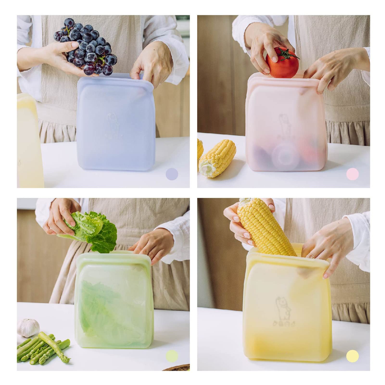 Bolsa de Almuerzo, Bolsa de Almacenamiento Reutilizable de Silicona, contenedor de Almacenamiento de preparación de Alimentos, for Horno, microondas, lavavajillas, 4 Piezas