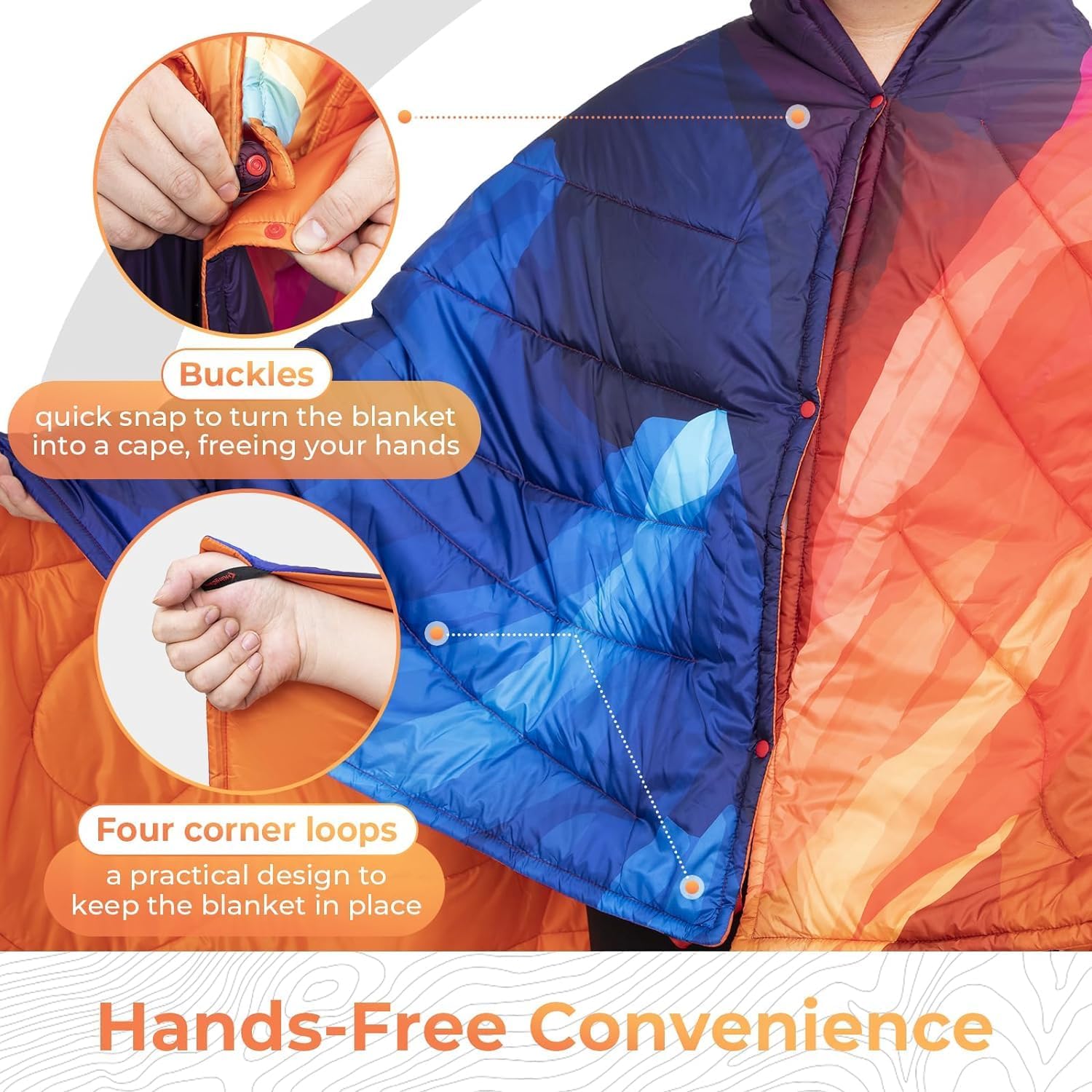 KingCamp Ultralight Camping Blanket, Packable Down Alternative Puffy Printed Wearable Blanket with Snap Buttons & Corner Loops Weatherproof Quilt for Outdoor Travel Stadium (78.7"L x 57.1"W, PEAK)