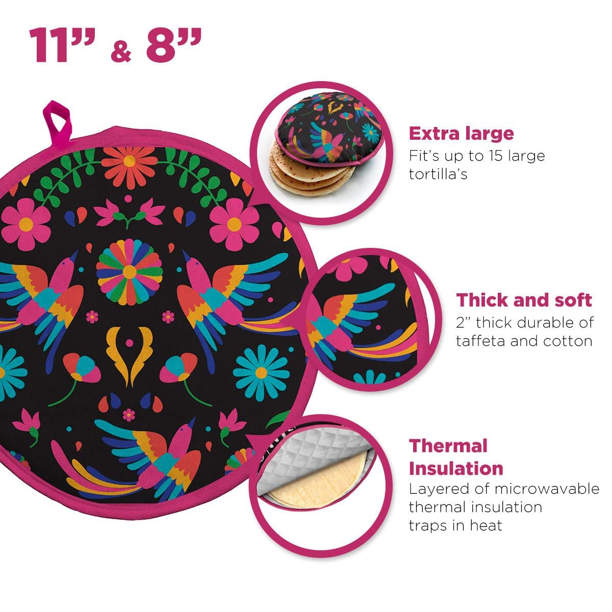 Black Bird Otomi Tortilla-Wärmer – 2 Stück Baumwollbeutel 27,9 cm und 20,3 cm – hält Tortillas warm und elegant für Taco-Dienstag