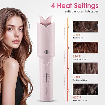 Cordless Curling Iron Automatic Hair Curler Rotating, Pink | 1.25-Inch Curling Wand Rechargeable On The Go Wireless Portable Safe & Anti-Scald Beginner-Friendly